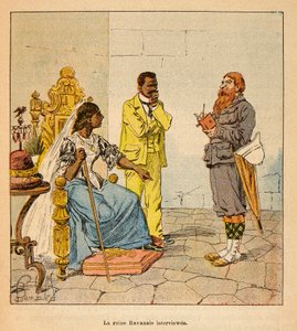 La Guerre à Madagascar - Histoire anecdotique des expéditions françaises de 1885-1895 par Henri Galli dit Gallichet (1854-1922), illustrée par Louis Bombled (1862-1927) : Un journaliste anglais interviewe la reine Ravanalo en 1895 en présence de son premie - Louis Charles Bombled