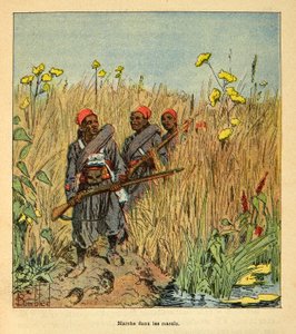 La guerre à Madagascar - Histoire anecdotique des expéditions françaises de 1885-1895 par Henri Galli dit Galllichet (1854-1922), illustrée par Louis Bombled (1862-1927) : Troupes françaises en expédition dans les marais à Madagascar en 1895, Collection pr - Louis Charles Bombled