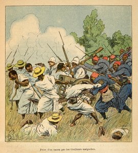 La Guerre à Madagascar - Histoire anecdotique des expéditions françaises de 1885-1895 par Henri Galli dit Galllichet, illustrée par Louis Bombled : Les Malgaches saisissent un canon lors des batailles d