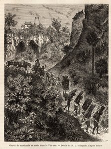 Un convoi de marchands et leurs porteurs en route vers le Yunnan (Chine), gravé d