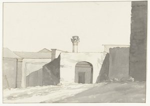 Colonne antique et bâtiments dans le port de Brindisi - Louis Ducros