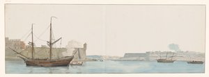 Vue sous le château St. Ange dans le port des galères à Malte (Voyage en Italie, en Sicile et à Malte - 1778)