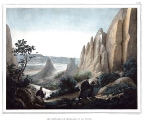 Les météores de Thessalie et le Pinde (paysage de falaises et de rochers). dans "Voyage à Athènes et Constantinople, ou collection de portraits grecs et ottomans, vues et costumes, peints sur place ou d
