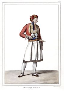 Un boucher albanais à Athènes. dans « Voyage à Athènes et Constantinople, ou collection de portraits, vues et costumes grecs et ottomans, peints sur les lieux de nature, lithographiés et coloriés par Louis Dupré (1789-1837), élève de David.1825.