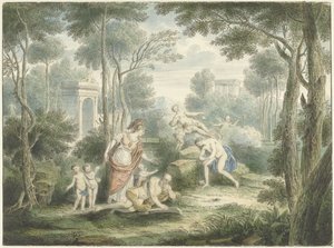 Paysage arcadien avec Athéna couronnant un vieil homme et Vénus et Adonis
