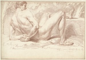 Homme nu couché, les bras derrière le dos