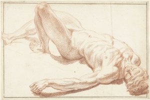 Étude de nu masculin, allongé sur le dos, jambe tendue