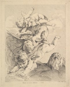 Trois cupidons faisant une culbute, un aigle à droite - Louis Felix de la Rue