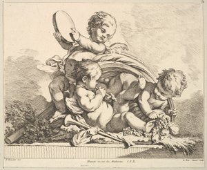 Trois cupidons, deux jouant de la musique, un tenant des feuilles de palmier - Louis Felix de la Rue