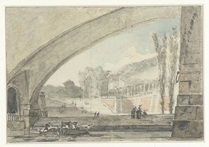 Vue sous un pont vers des terrasses et un escalier - Louis Gabriel Moreau