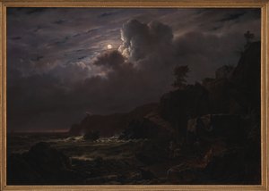 Vue de Kullen en Suède. Contrebandiers cachant leurs marchandises parmi les rochers. Clair de lune