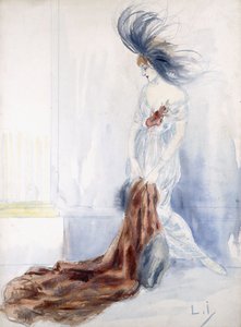 Dame élégante avec chapeau à plumes et manteau de fourrure