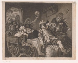 Groupe festif avec un homme buvant avec une couronne (La fête des rois)