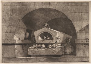 Tombe avec Sphinx : Monument funéraire avec une chouette sur un sarcophage soutenu par un Sphinx, vers 1779-84 - Louis Jean Desprez