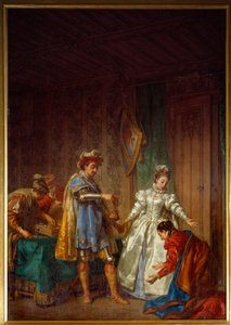 La Continence de Bayard. Le chevalier Pierre Terrail, seigneur de Bayard (1476-1524) donne une bourse à une jeune fille pauvre et vierge pour qu