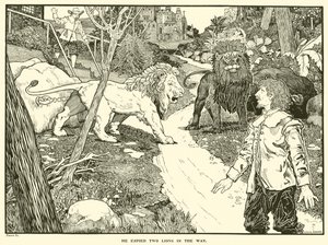 Il aperçut deux lions sur le chemin - Louis John Rhead