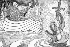 Représentation de la Dame du Lac (fée Viviane), personnage des légendes arthuriennes, donnant à Roi Arthur l