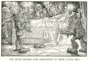 Les sept nains trouvent Blanche-Neige dans leur petit lit