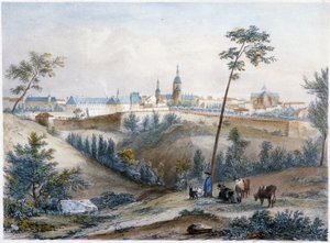 Bouvier dans la campagne bretonne (Dinan au loin) - lithographie par Jacottet et Benoist - Louis Julien Jacottet