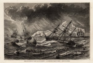Pêche à la morue sur le Grand Banc de Terre-Neuve, les bateaux suivent les lignes, dessin de Lebreton, pour illustrer le voyage à Terre-Neuve en 1860 par A. de Gobineau. Gravure dans « Le tour du monde », édité par Edouard Charton - Louis Le Breton