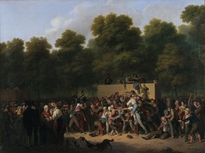 Distribution de vin et de nourriture sur les Champs-Élysées à l