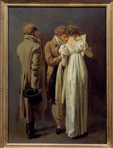 Amateurs de gravures Jeunes gens vêtus à la mode du Premier Empire contemplent une gravure - Louis Leopold Boilly