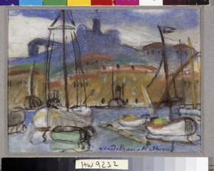 La Bonne Mère Vue de Marseille depuis le port avec la Cathédrale Notre-Dame-de-la-Garde - Louis Mathieu Verdilhan