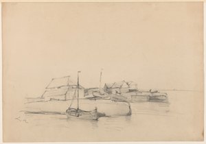 Maisons et deux bateaux près de la côte - Louis Meijer