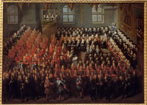 Lit de justice tenu par Louis XV (1710-1774) dans la Grande Chambre du Parlement de Paris pour casser le testament de Louis XIV (1638-1715) - Louis Michel Dumesnil