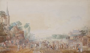 Le duc de Penthièvre avec Benjamin Franklin à sa droite assistant à une revue de son régiment de volontaires à côté de son château à Rambouillet - Louis Nicolas van Blarenberghe
