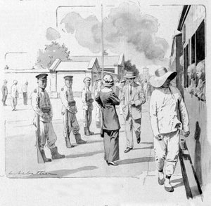 Un conducteur chinois à un arrêt du Transsibérien. 1913. Illustration de Sabattier. - Louis Remy Sabattier