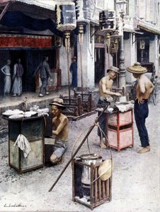 Restaurants mobiles dans le Chinatown de Singapour. Illustration de L. Sabatier. 19e siècle.