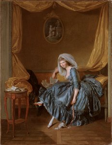 Jeune femme lisant sa correspondance dans la chambre - Louis Rolland Trinquesse