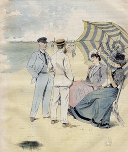 Bains de mer : sur la plage. de L. Vallet Aquarelle. 1892.