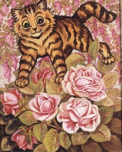 Un chaton caché dans un rosier - Louis Wain
