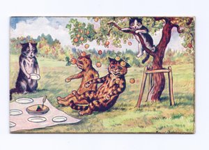 Carte de vœux victorienne de pommes tombant sur deux chats lors d