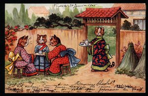 Animaux en posture humaine. Chat en kimono buvant du thé dans un jardin japonais. Carte postale. Chromolithographie de Louis Wain (1860-1939), artiste anglais connu pour sa représentation de chats aux grands yeux. Début du 20ème siècle. Collection privée - Louis Wain
