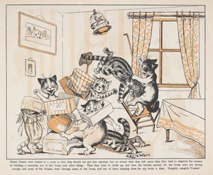 Chats jouant avec des boîtes dans une pièce - Louis Wain