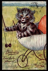 Diabolo. Même bébé y joue. Animaux en posture humaine. Chaton jouant avec un diabolo dans son berceau. Carte postale. Chromolithographie de Louis Wain, début du 20e siècle - Louis Wain