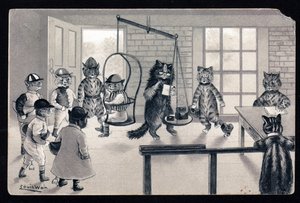 Nous profitons du beau temps. Animaux en posture humaine. Chat en jockey se faisant peser sur une balance. Carte postale. Chromolithographie de Louis Wain (1860-1939), artiste anglais connu pour sa représentation de chats aux grands yeux. Début du 20ème si - Louis Wain