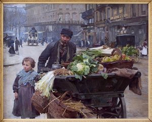 Le marchand des quatre saisons à Paris. Derrière lui, l