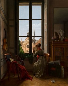 Intérieur avec une jeune femme traçant une fleur - Louise-Adeone Drolling