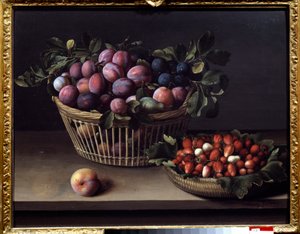 Une pêche, des fraises et un panier de fruits. Peinture de Louise Moillon (1610-1696) XVIIe siècle Toulouse, Musée des Augustins - Louise Moillon