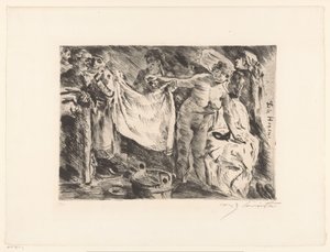 Groupe de femmes, dont une nue et une autre tenant un drap - Lovis Corinth (signed by artist)
