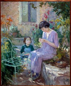 Madame Prat et sa fille dans le jardin Peinture de Joseph Loys Prat (1879-1934), 20e siècle. Maire de Donzère - Loys Prat