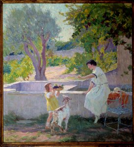 Madame Prat et sa fille dans le jardin avec la petite chèvre - Loys Prat