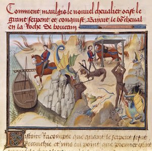 Ms 5072 fol.37v Maugis combattant le serpent et gagnant le cheval enchanté, Bayard, du cycle de Renaud de Montauban