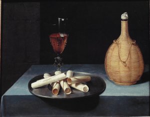Nature morte avec dessert de gaufrettes, bouteille de vin et verre