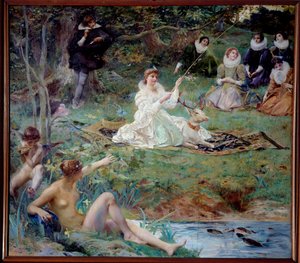 Marie F. des Ursins, duchesse de Montmorency et le poète Théophile de Viau à Chantilly au Pavillon de Sylvie Peinture de Luc Olivier Merson (1846-1920) 1895 Chantilly, Musée Condé - Luc Oliver Merson