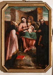 Gênes, Duomo (Cathédrale Saint-Laurent), intérieur, Baptistère (anciennement Église Saint-Jean-le-Vieux) : "Madone et Enfant parmi Sainte Anne, Saint Nicolas de Bari et Saint Nicolas de Tolentino" - Luca Cambiaso